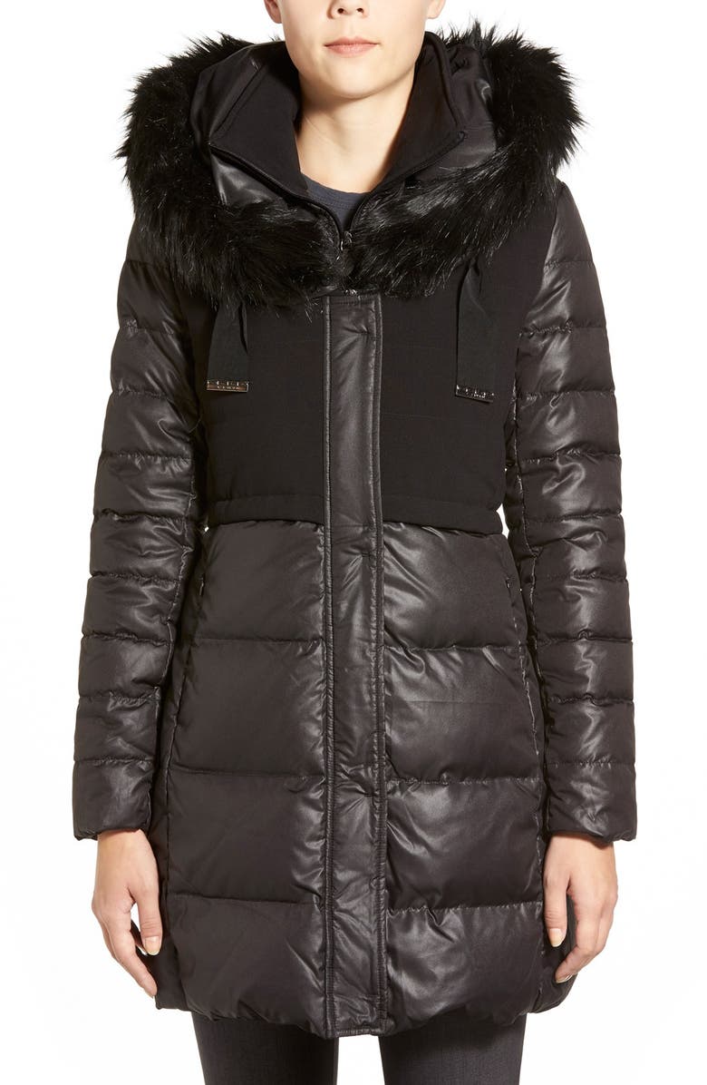 T Tahari 'Allegra' Mixed Media Hooded Down Coat with Faux Fur Trim, Main, color, 