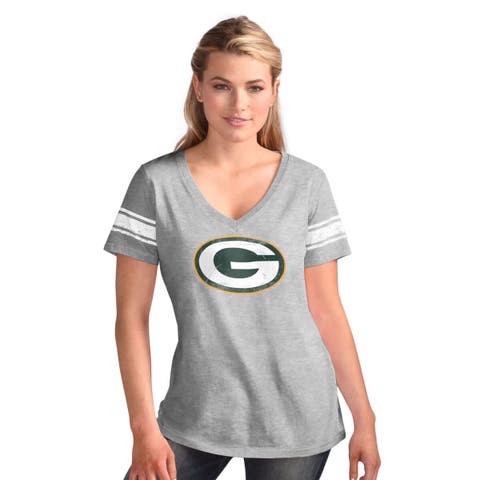 Women's G-III 4Her by Carl Banks  Heather Gray Green Bay Packers First Pick Distressed V-Neck T-Shirt
