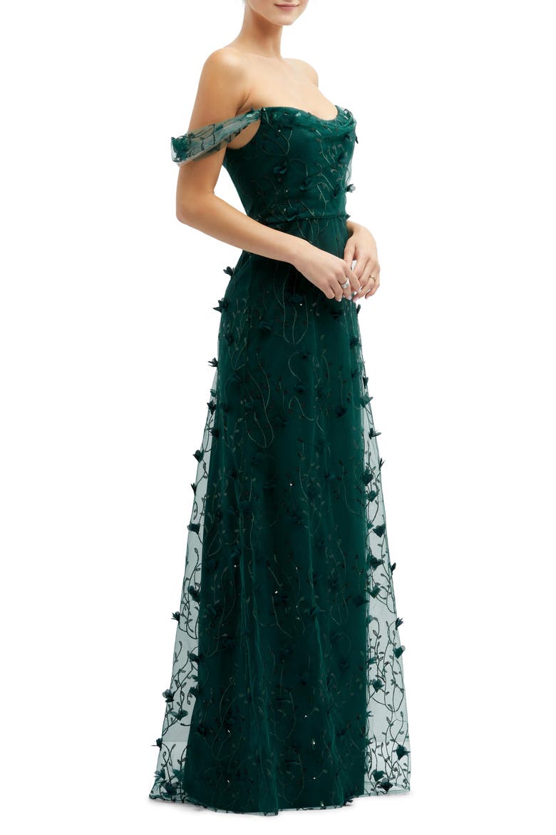 3D Embroidered Off the Shoulder Gown, Alternate, color, EVERGREEN