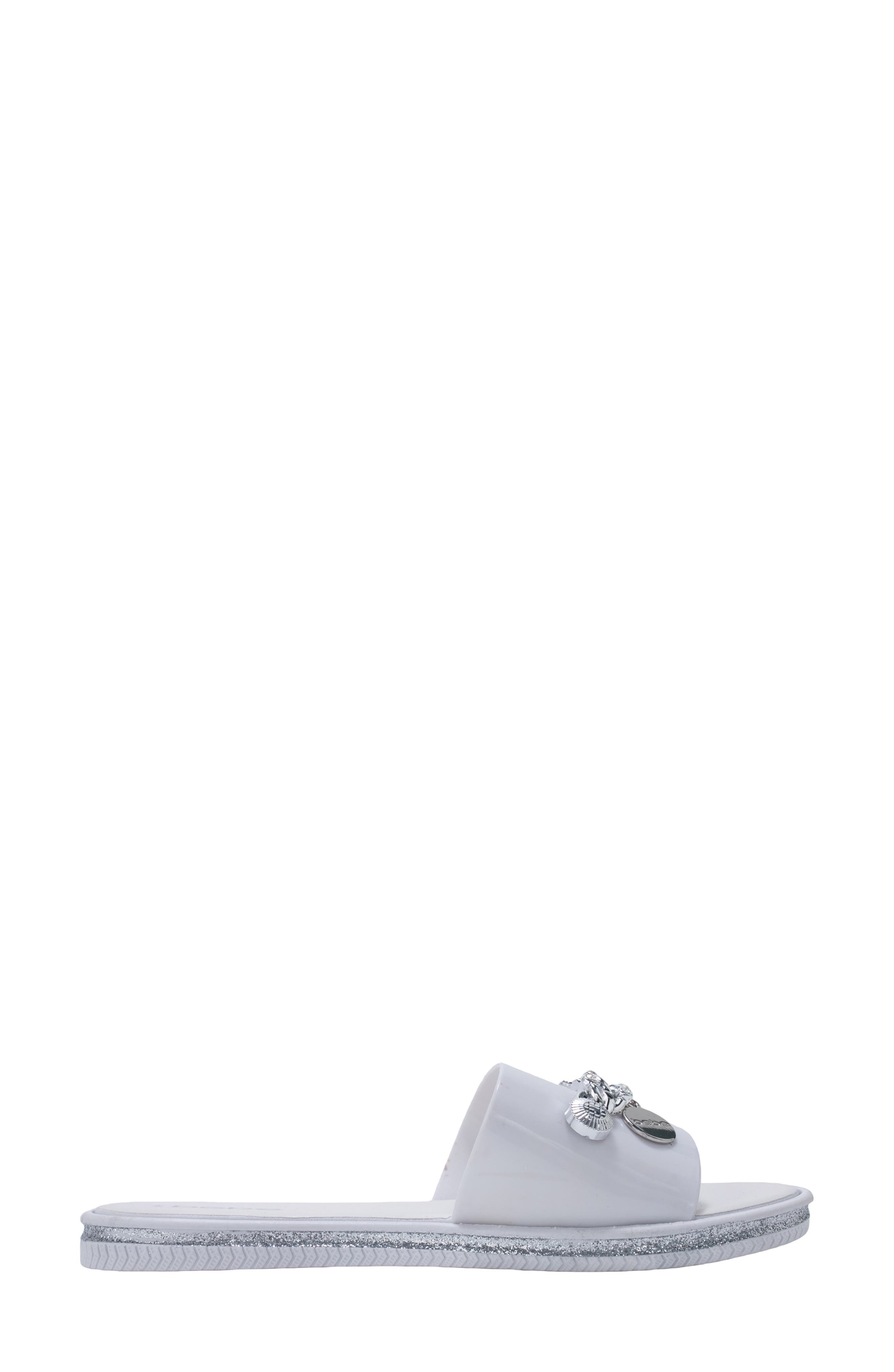 bebe Chain Charm Slide Sandal, Alternate, color, Metallic Silver