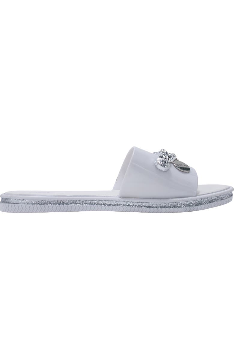 bebe Chain Charm Slide Sandal, Alternate, color, Metallic Silver
