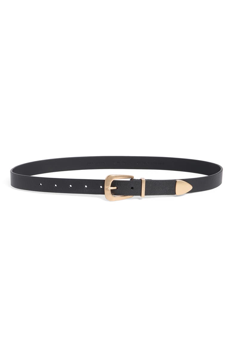 AllSaints Curved Buckle Leather Belt, Main, color, Black/ Gold