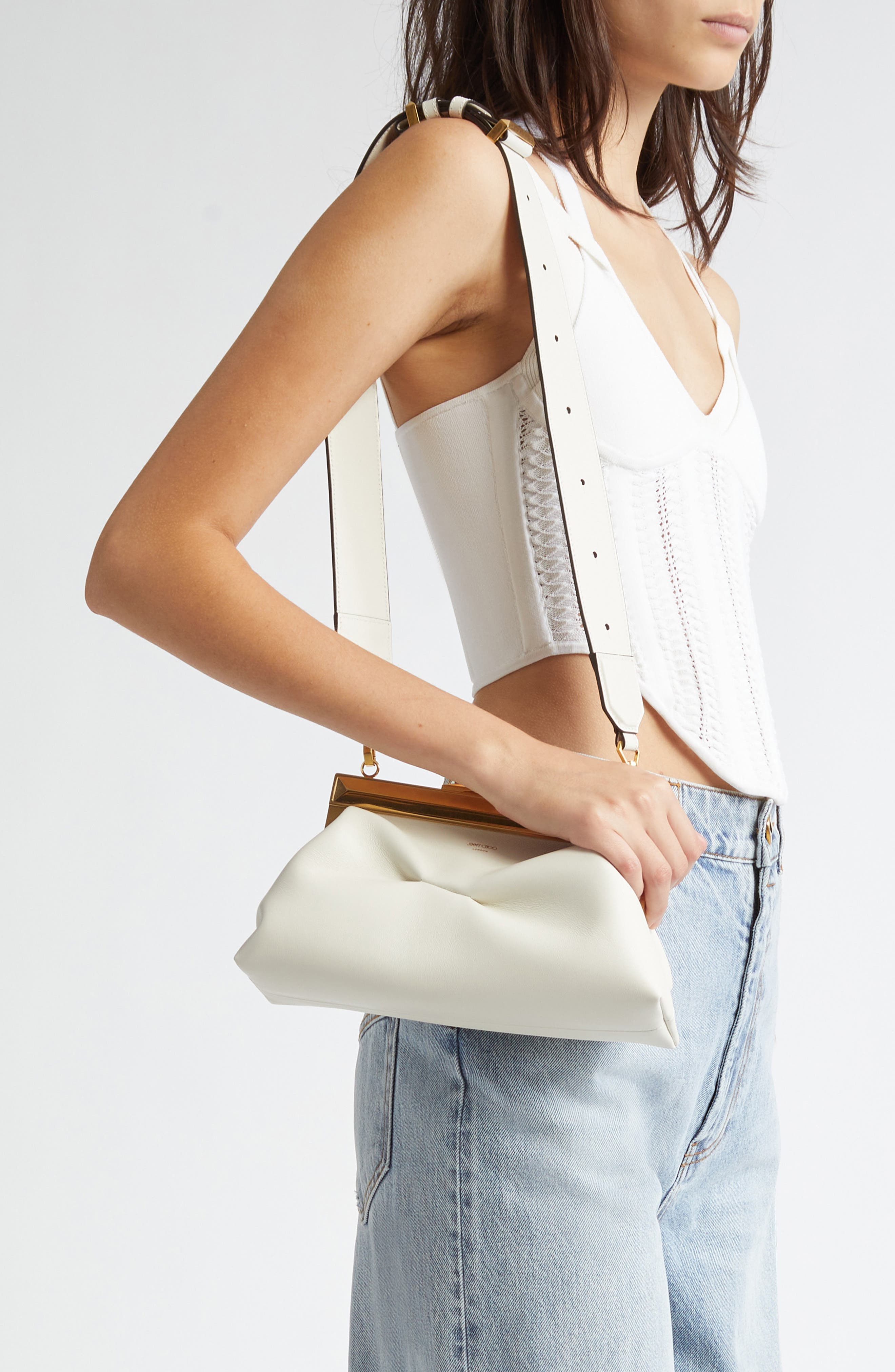 Jimmy Choo Diamond Leather Frame Clutch, Alternate, color, Latte