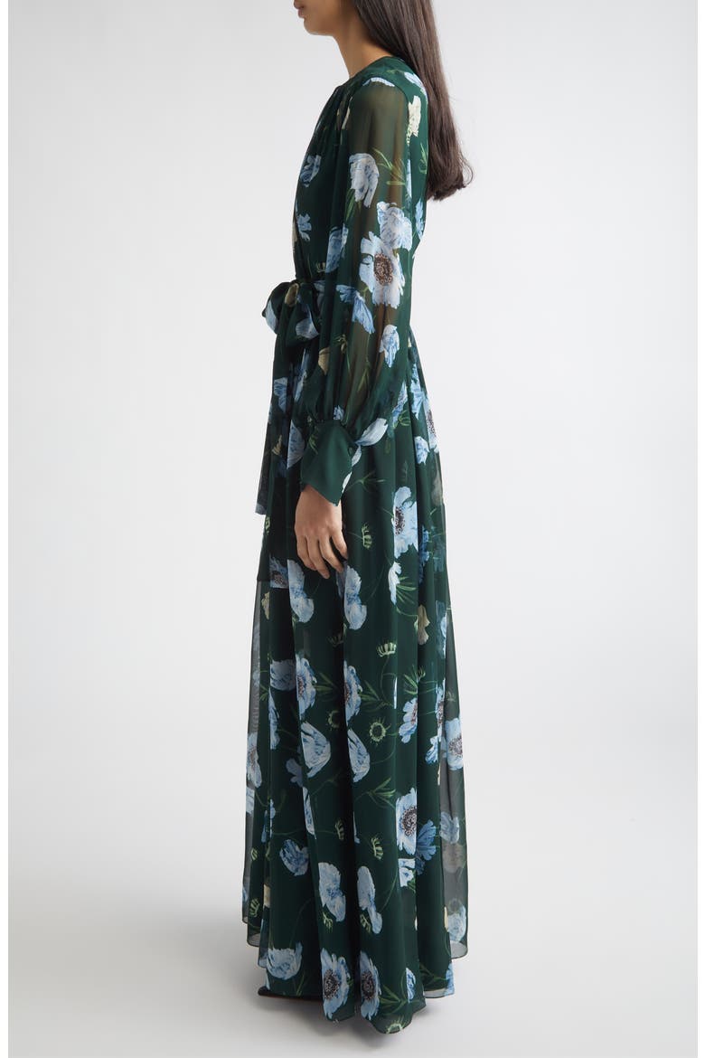 Floral Long Sleeve Silk Voile Gown, Alternate, color, BELLE EPOQUE POPPY DARK GREEN