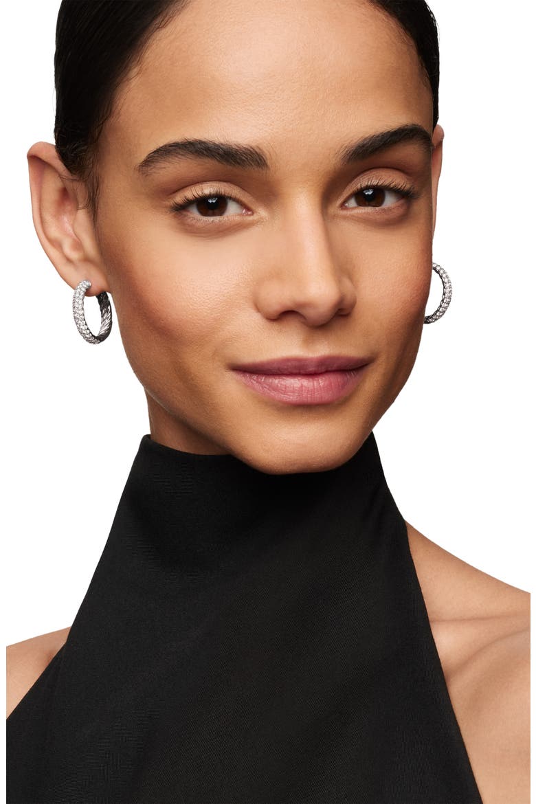 Sculpted Cable Hoop Earrings in Sterling Silver with Pavé Diamonds, Alternate, color, STERLING SILVER
