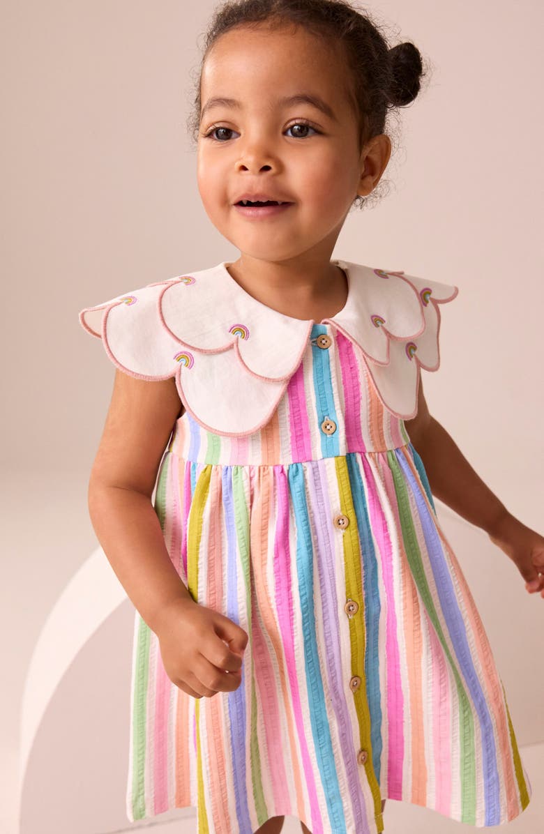 NEXT Kids' Rainbow Stripe Frill Collar Dress, Alternate, color, Pink