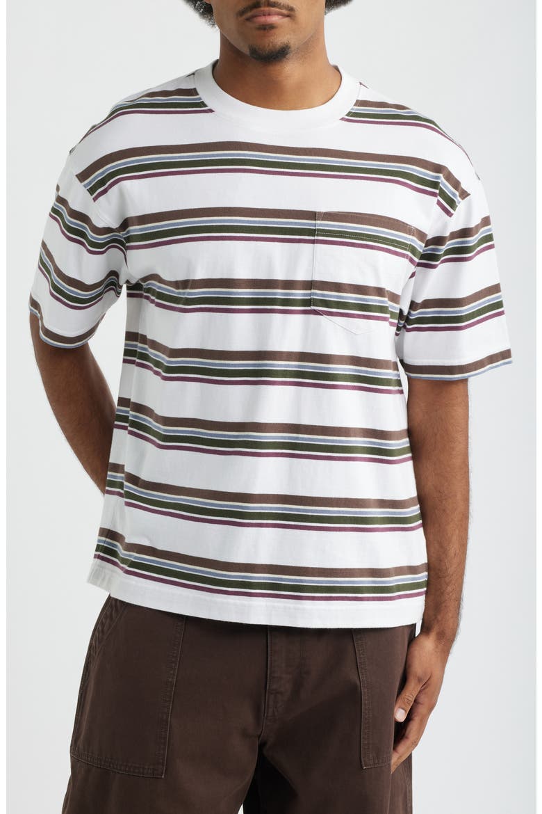 Boxy Stripe Cotton Pocket T-Shirt, Main, color, WHITE- BROWN RETRO STRIPE