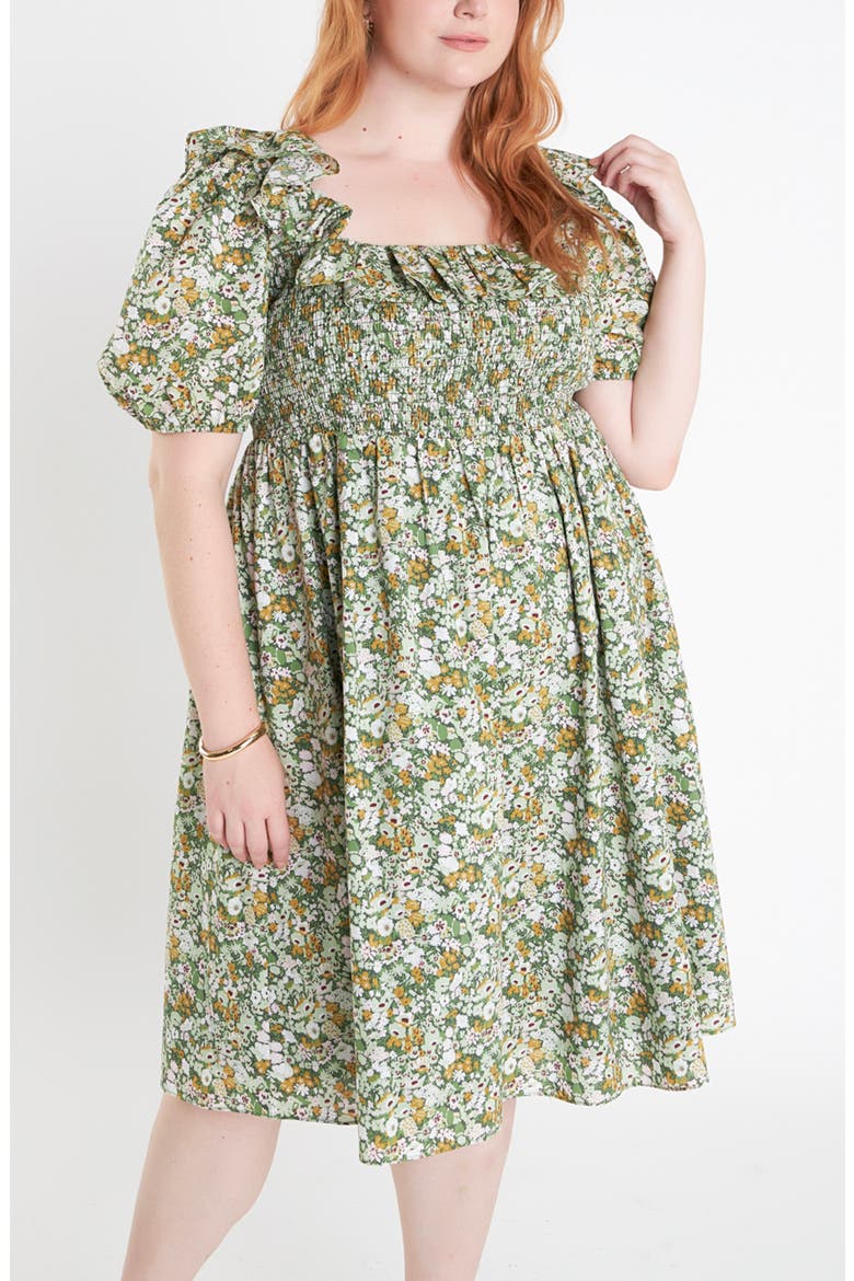 Smocked Puff Sleeve Floral Cotton Dress, Alternate, color, GREEN MULTI