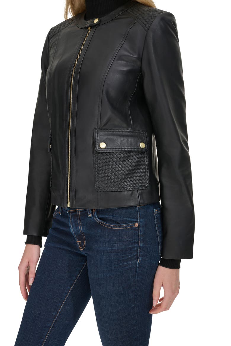 Woven Detail Leather Jacket, Alternate, color, BLACK