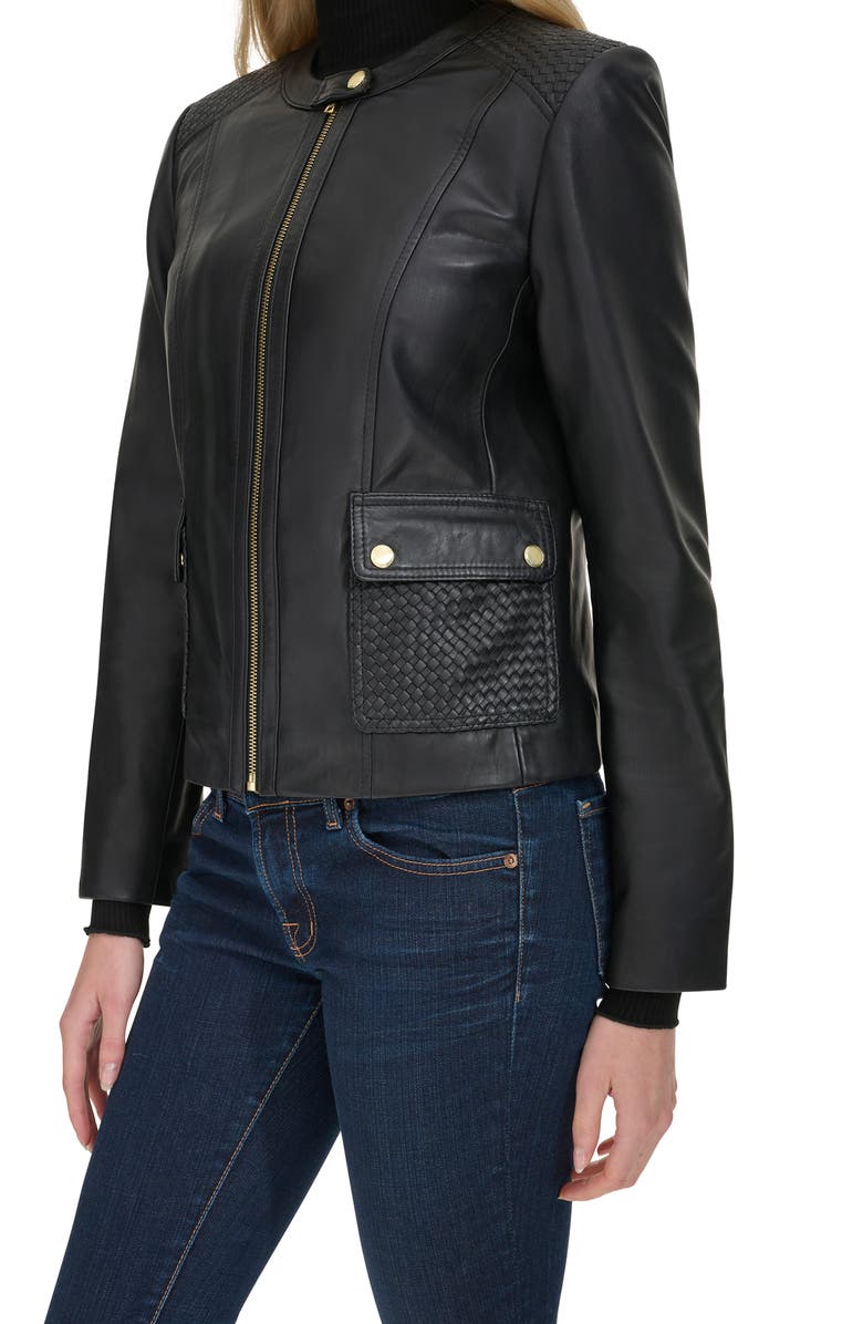 Cole Haan Woven Detail Leather Jacket, Alternate, color, Black
