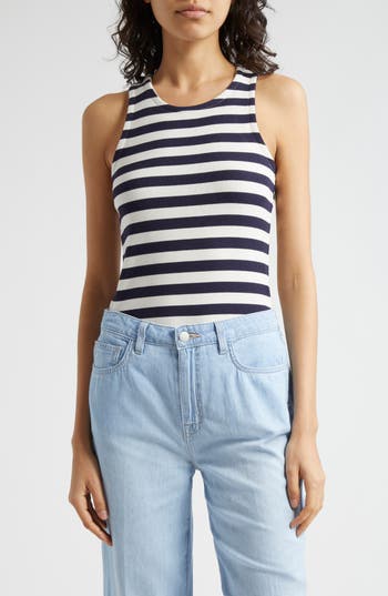 Shop L Agence L'agence Nia Stripe Racerback Tank In Navy/white Stripe
