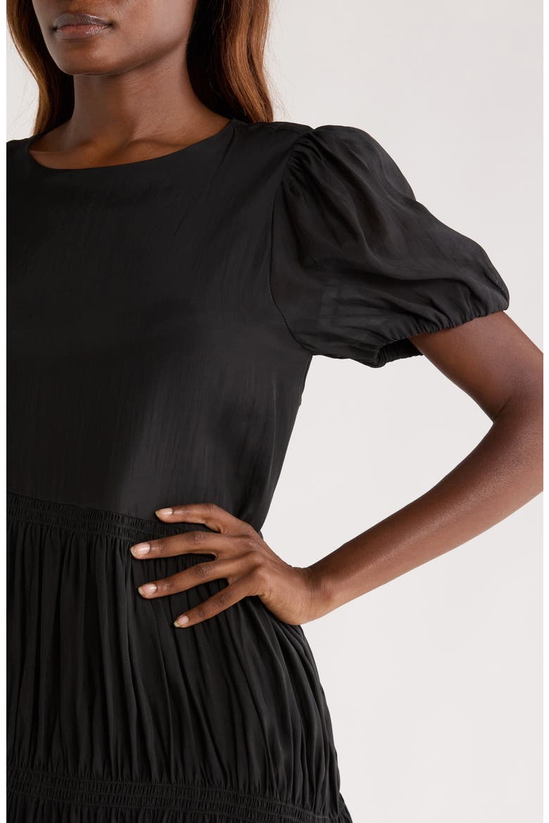 Puff Sleeve Smocked Tiered Midi Dress, Alternate, color, BLACK