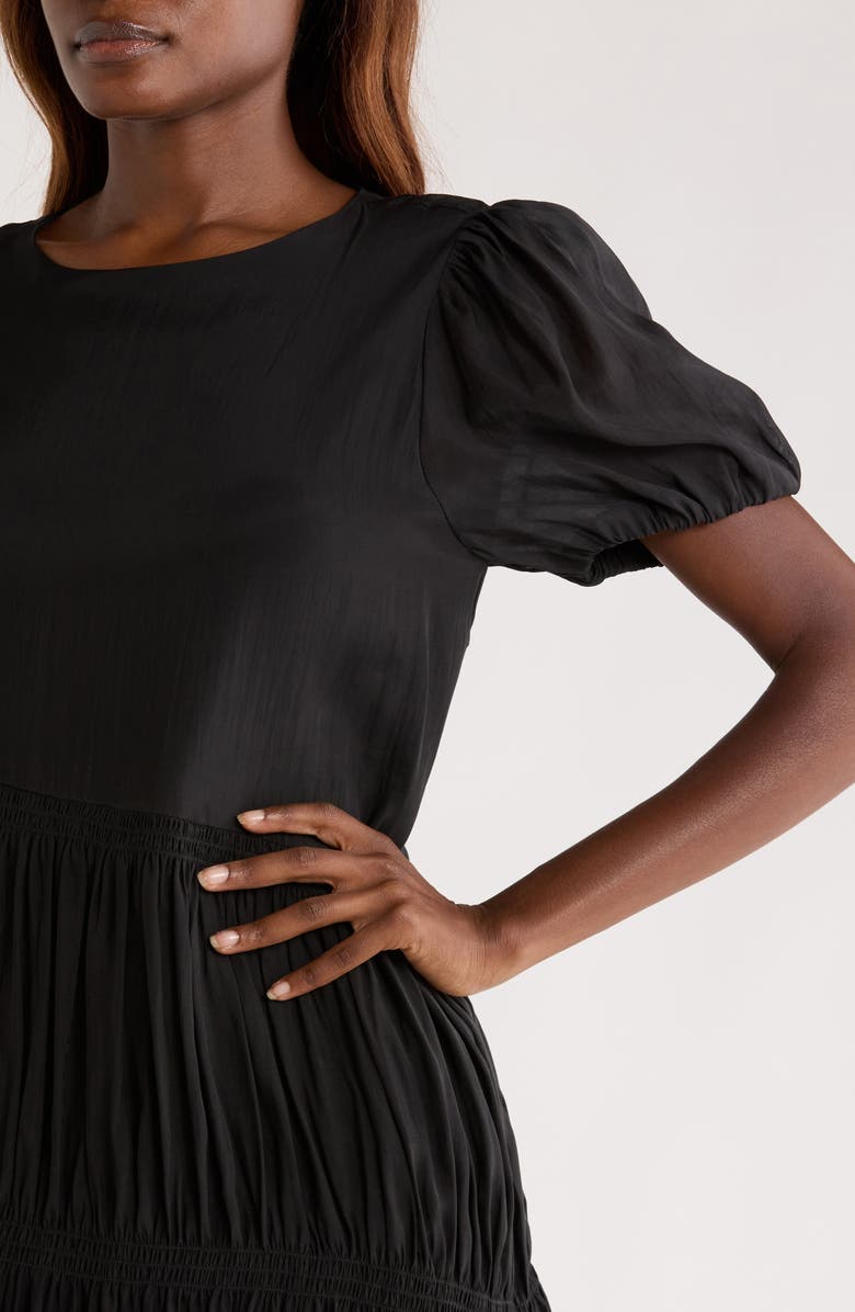 MELLODAY Puff Sleeve Smocked Tiered Midi Dress, Alternate, color, Black