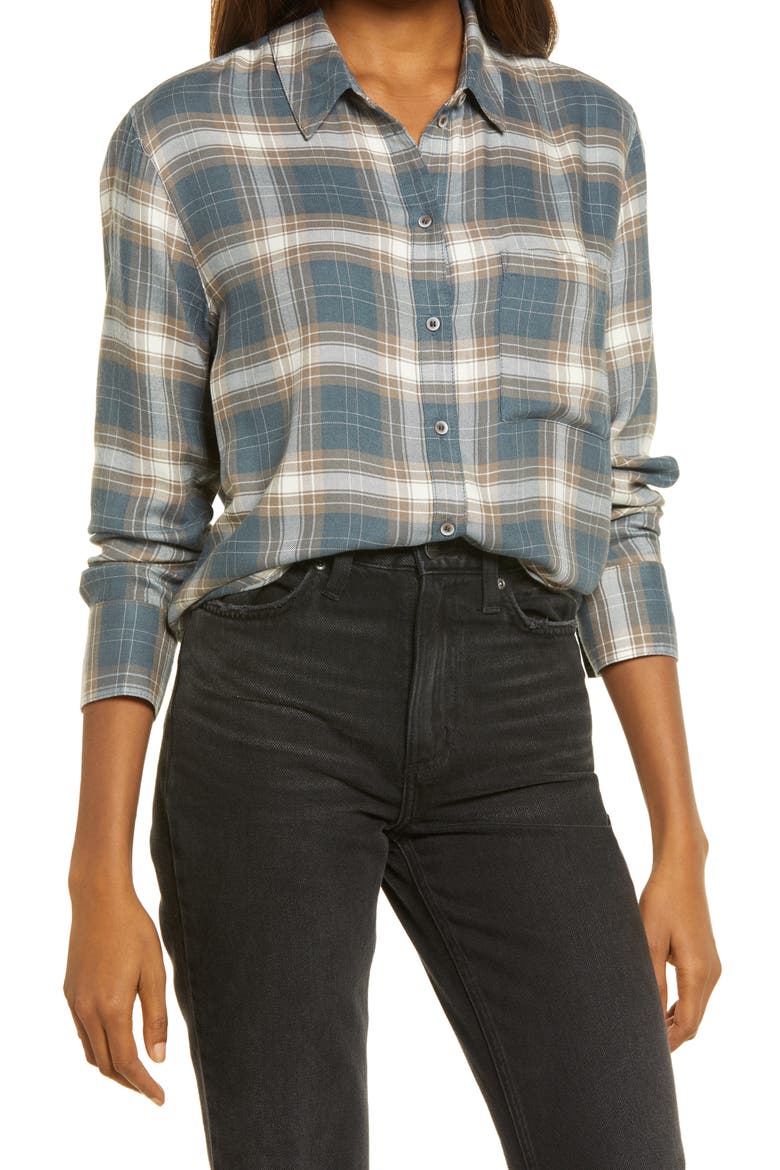 TREASURE AND BOND Plaid Boyfriend Shirt, Main, color, BLUE SLATE CASCADE PLAID