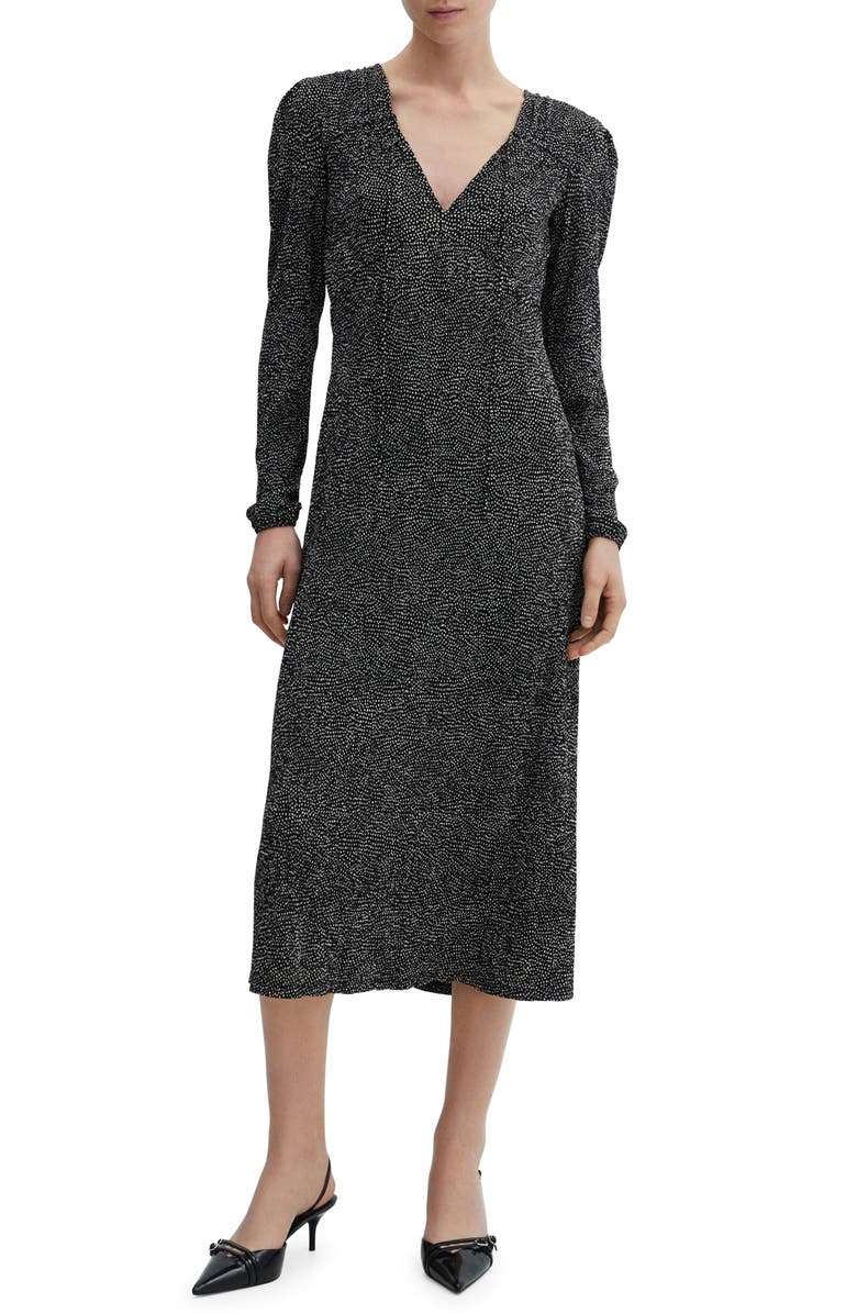 MANGO Dot Split Neck Long Sleeve Dress, Main, color, 