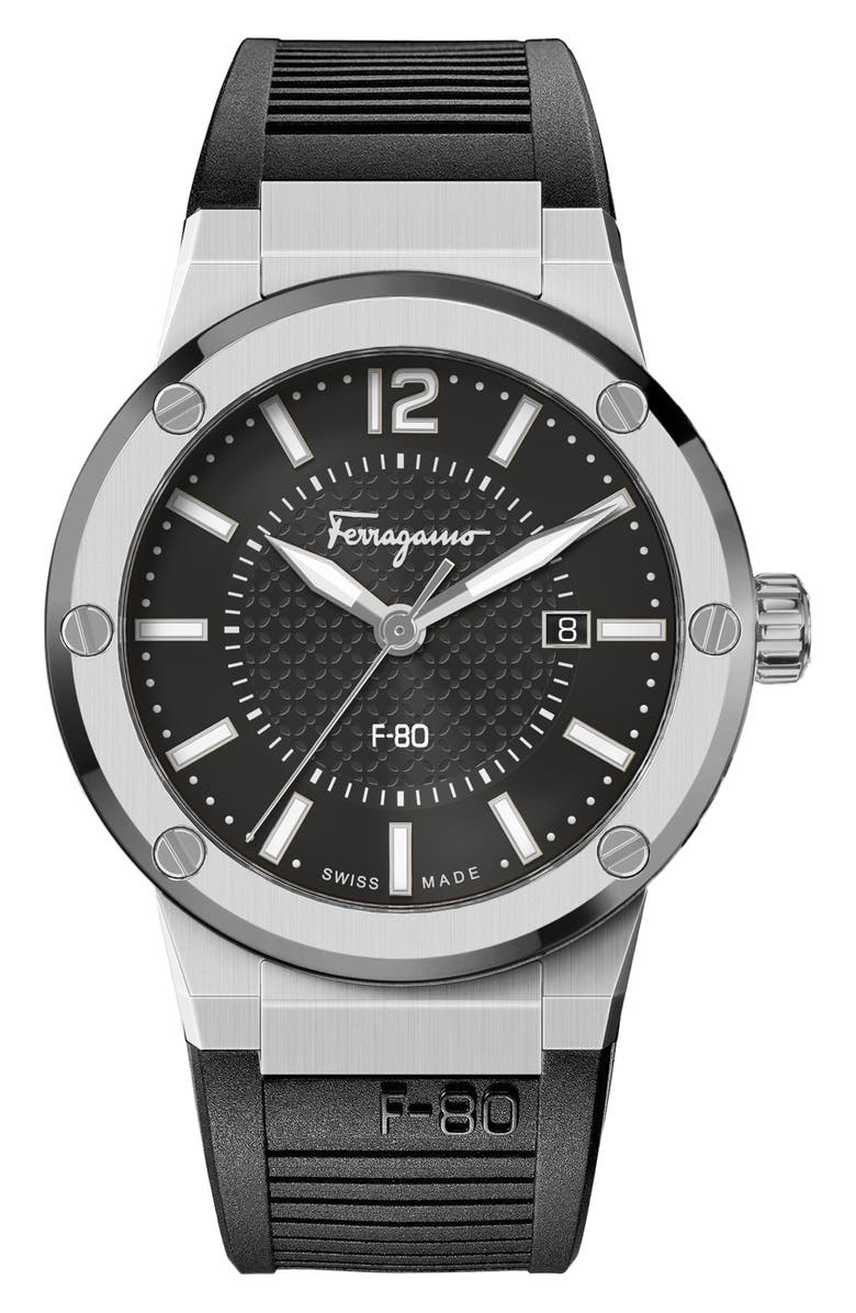 FERRAGAMO Men's F-80 Silicone Strap Watch, 44mm, Main, color, 