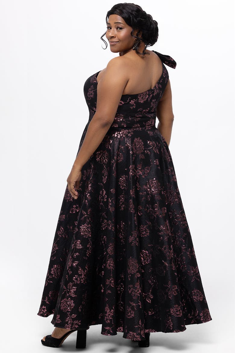 One Shoulder Brocade Plus Size Formal Dress with Bow, Alternate, color, Rose/Black