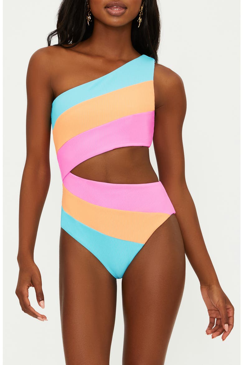 Joyce Stripe Cutout One-Shoulder One-Piece Swimsuit, Main, color, CRUSH COLORBLOCK