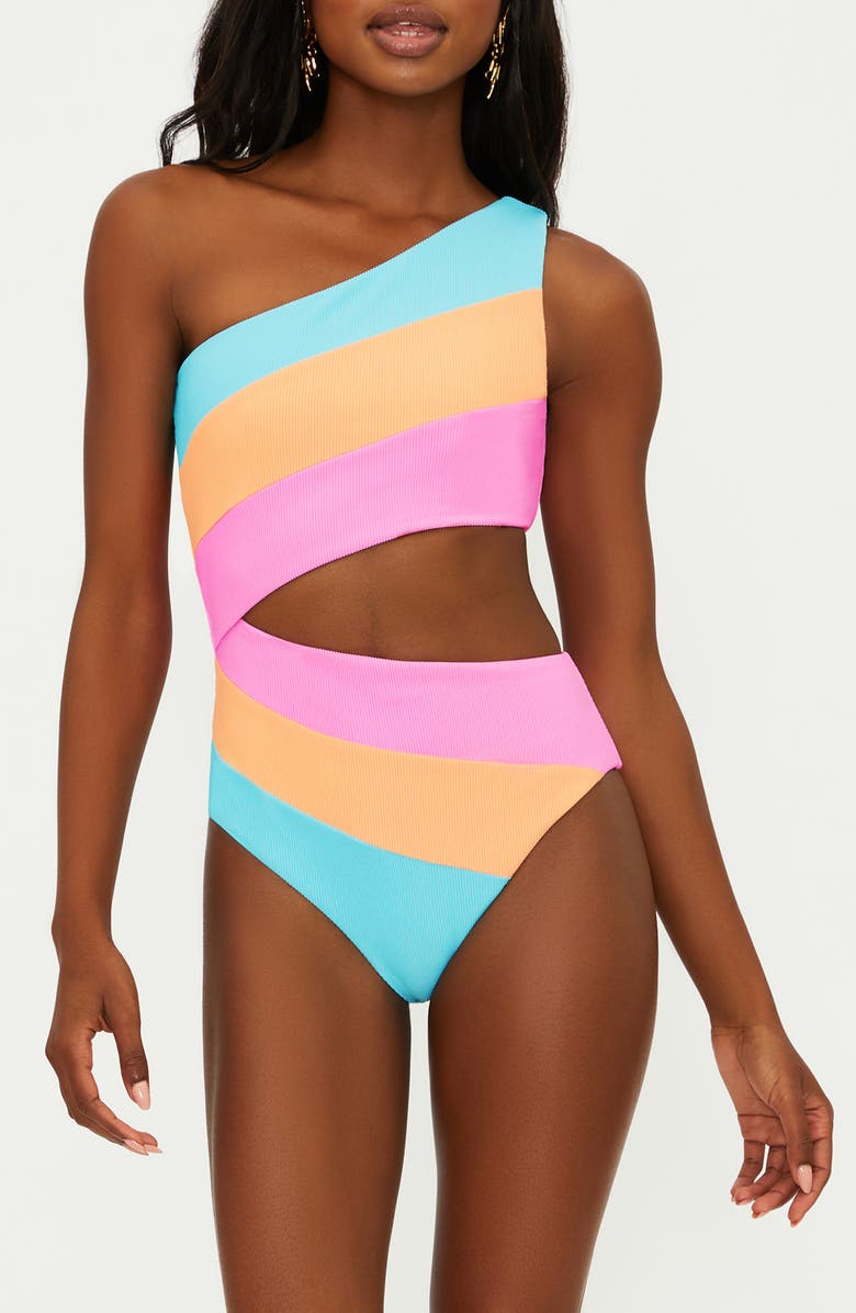 Beach Riot Joyce Stripe Cutout One-Shoulder One-Piece Swimsuit, Main, color, Crush Colorblock