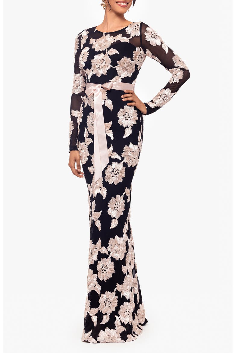 Soutache Long Sleeve Mesh Gown, Alternate, color, BLACK/ CHAMPAGNE