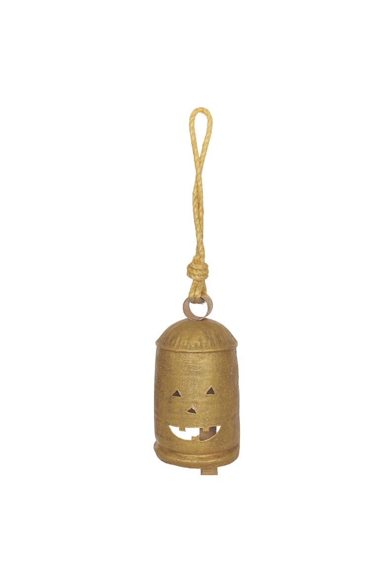 Iron Bell Ornament with Jack-O-Lantern Cut-Outs and Jute Hanger, Main, color, Gold