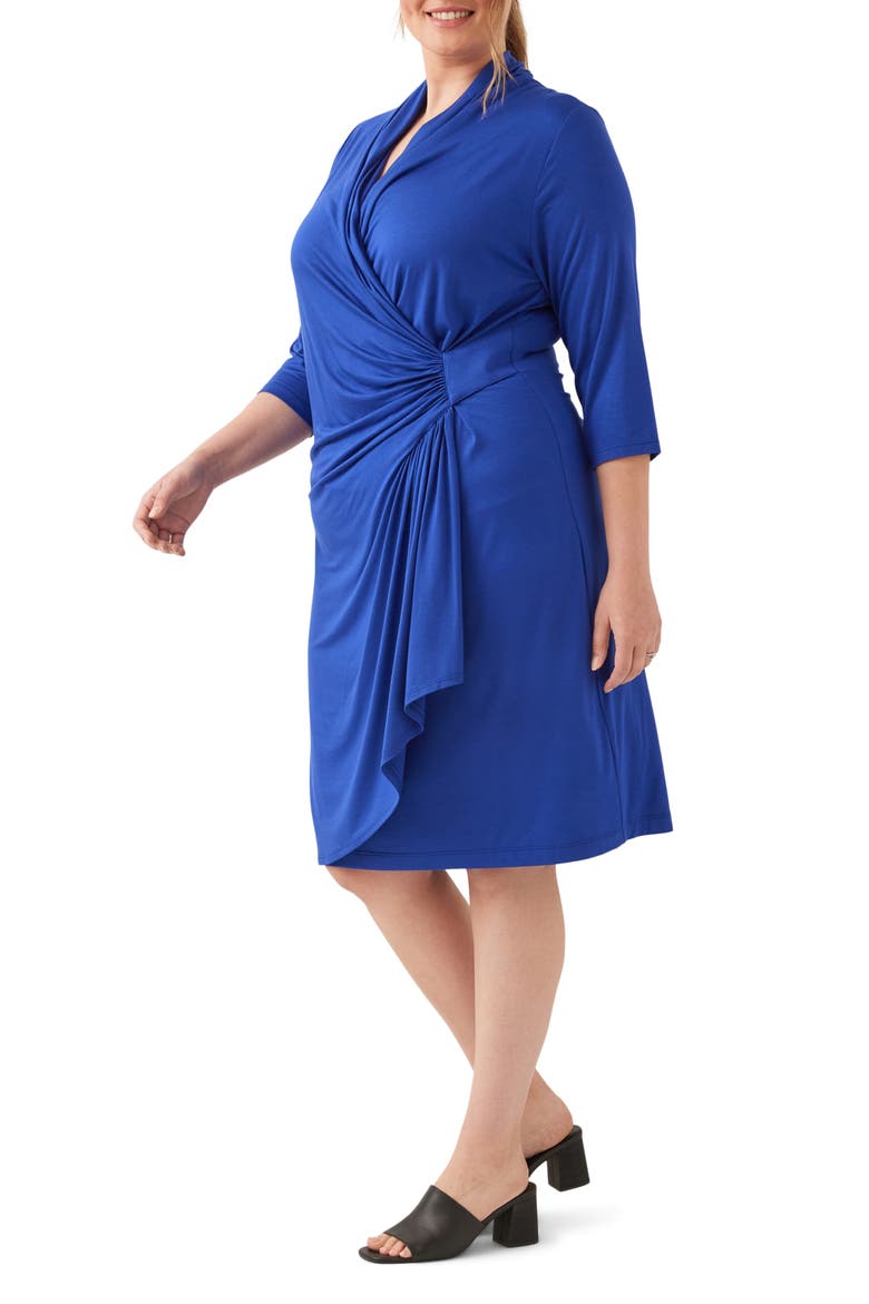 Three Quarter Sleeve Jersey Cascade Faux Wrap Dress, Alternate, color, ROYAL