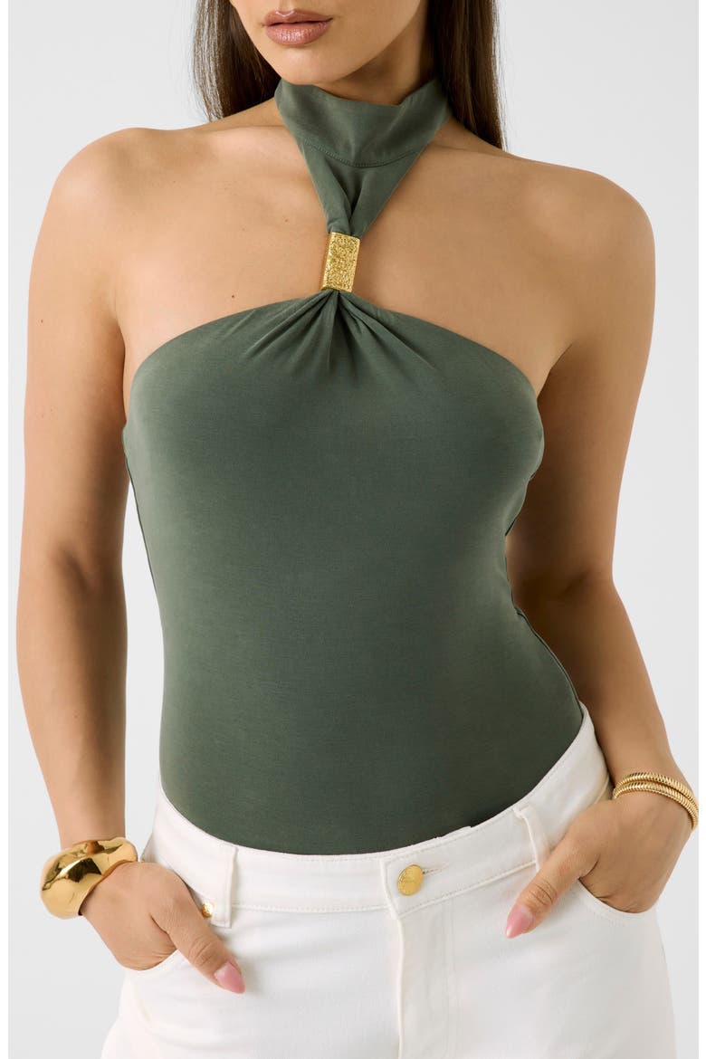 Soraya Embellished Halter Neck Top, Alternate, color, DARK GREEN