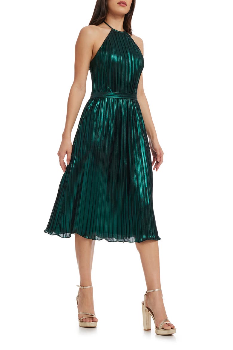 Hannah Pleated Metallic Halter Dress, Alternate, color, DEEP EMERALD