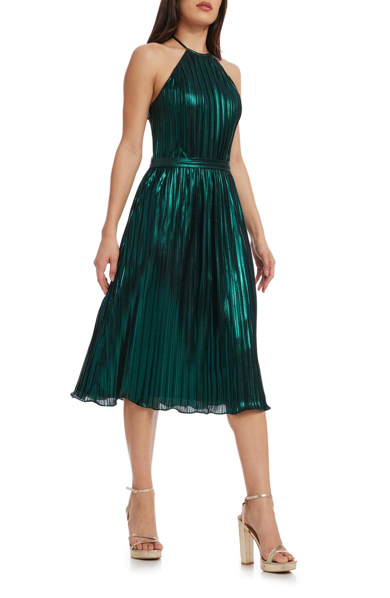 Dress the Population Hannah Pleated Metallic Halter Dress, Alternate, color, Deep Emerald