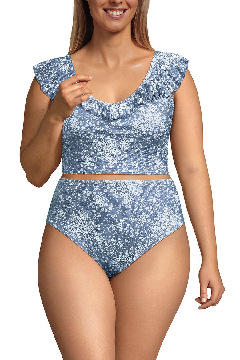 Plus Size Pique Ruffle Tankini Top and High Waisted Bottom Swimsuit Set, Alternate, color, Dusk Sky Meadow Ditsy Floral