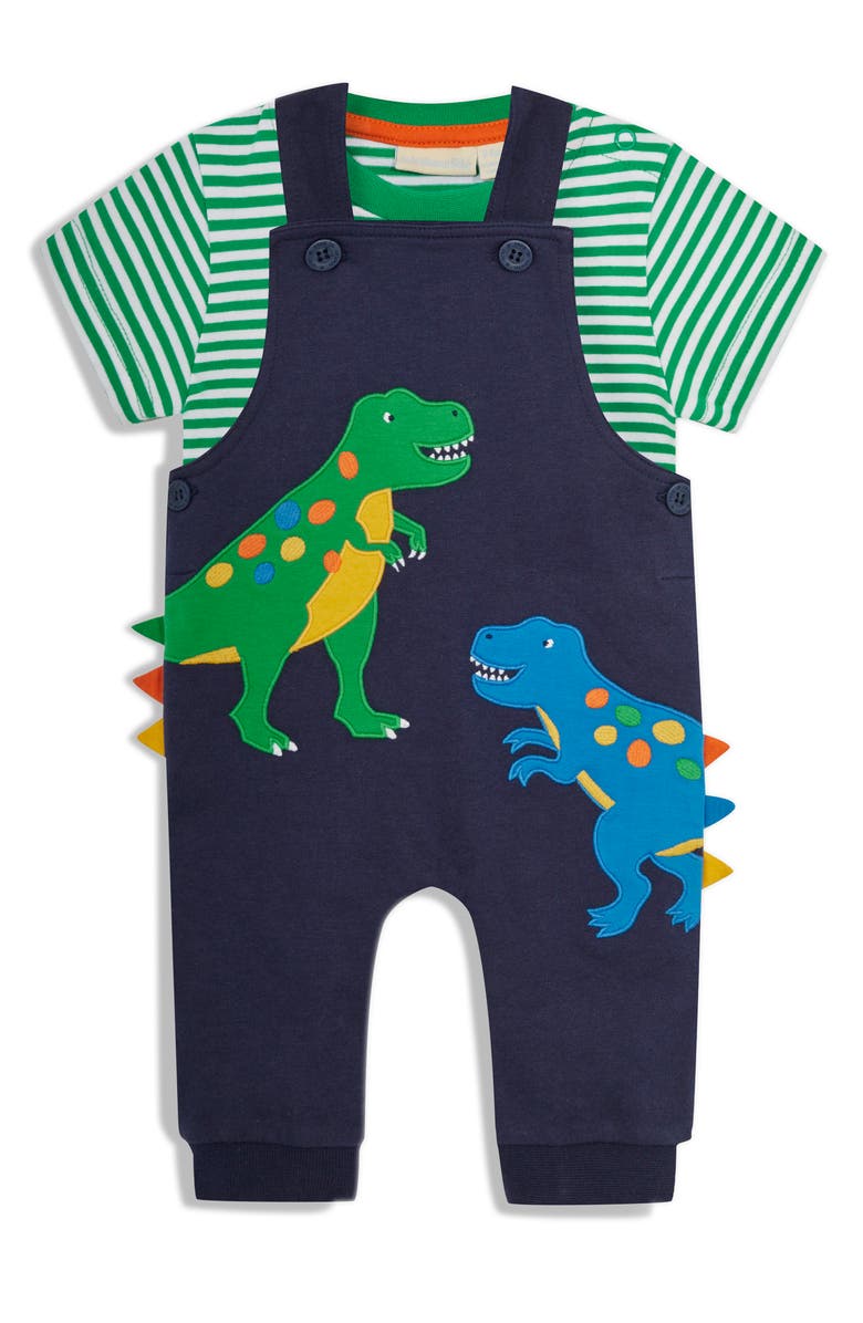 JOJO MAMAN BEBE Stripe T-Shirt & T-Rex Overalls Set, Main, color, 