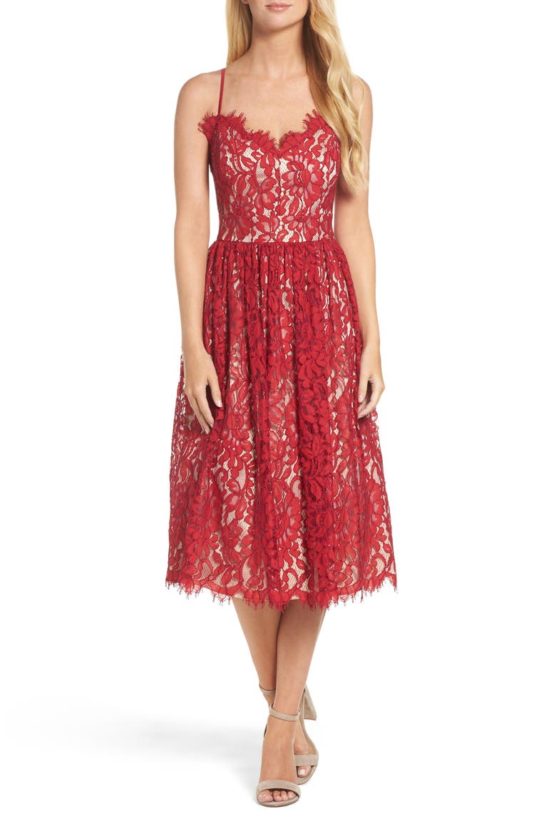 Gathered Lace Midi Dress, Main, color, RED