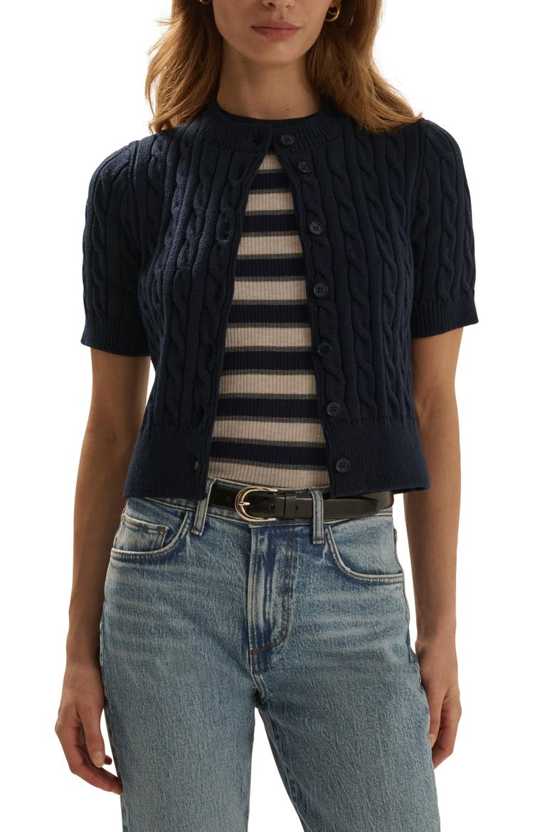 The Cafe Cable Short Sleeve Cardigan, Main, color, NAVY