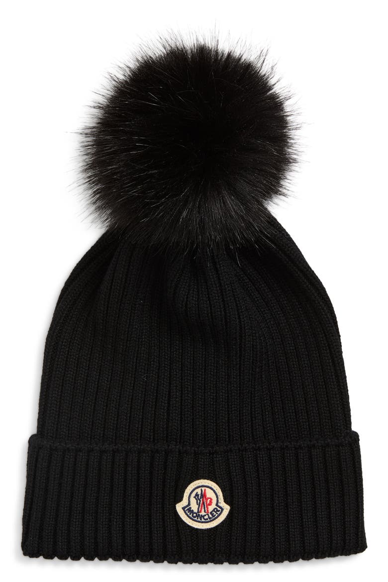 Kids' Virgin Wool Beanie with Faux Fur Pompom, Main, color, BLACK