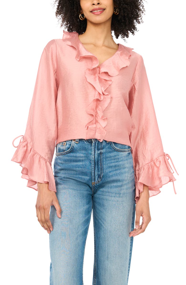 Vince Camuto Ruffle Satin Top, Main, color, Coral Dusk