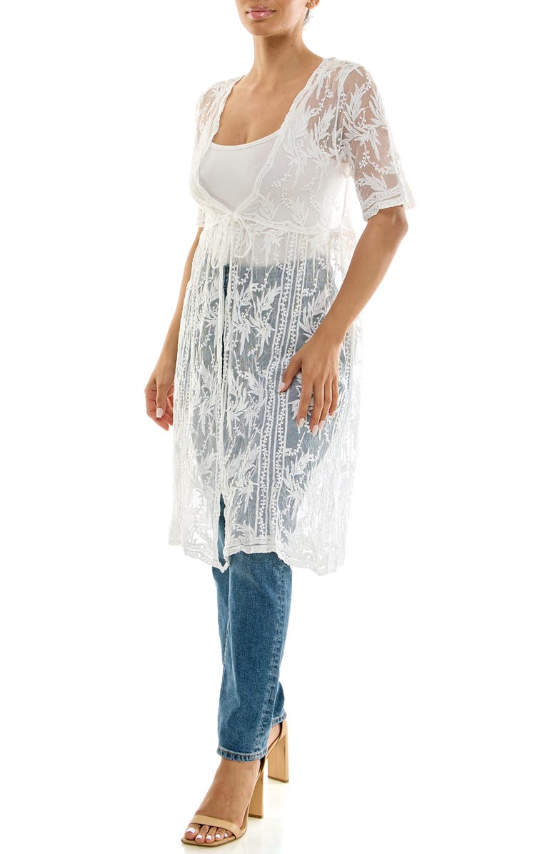 Nina Leonard Floral Embroidered Mesh Duster, Alternate, color, White