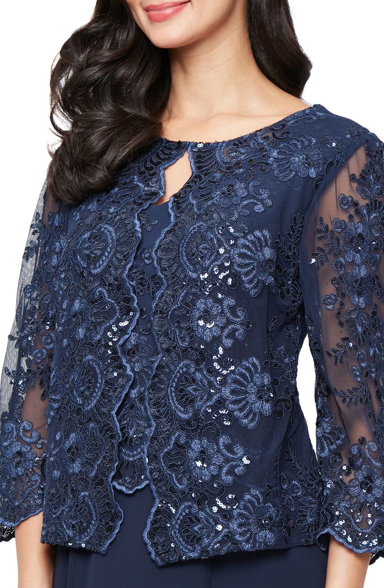 Alex Evenings Embroidered Lace & Sequin Mock Cocktail Dress, Alternate, color, Navy