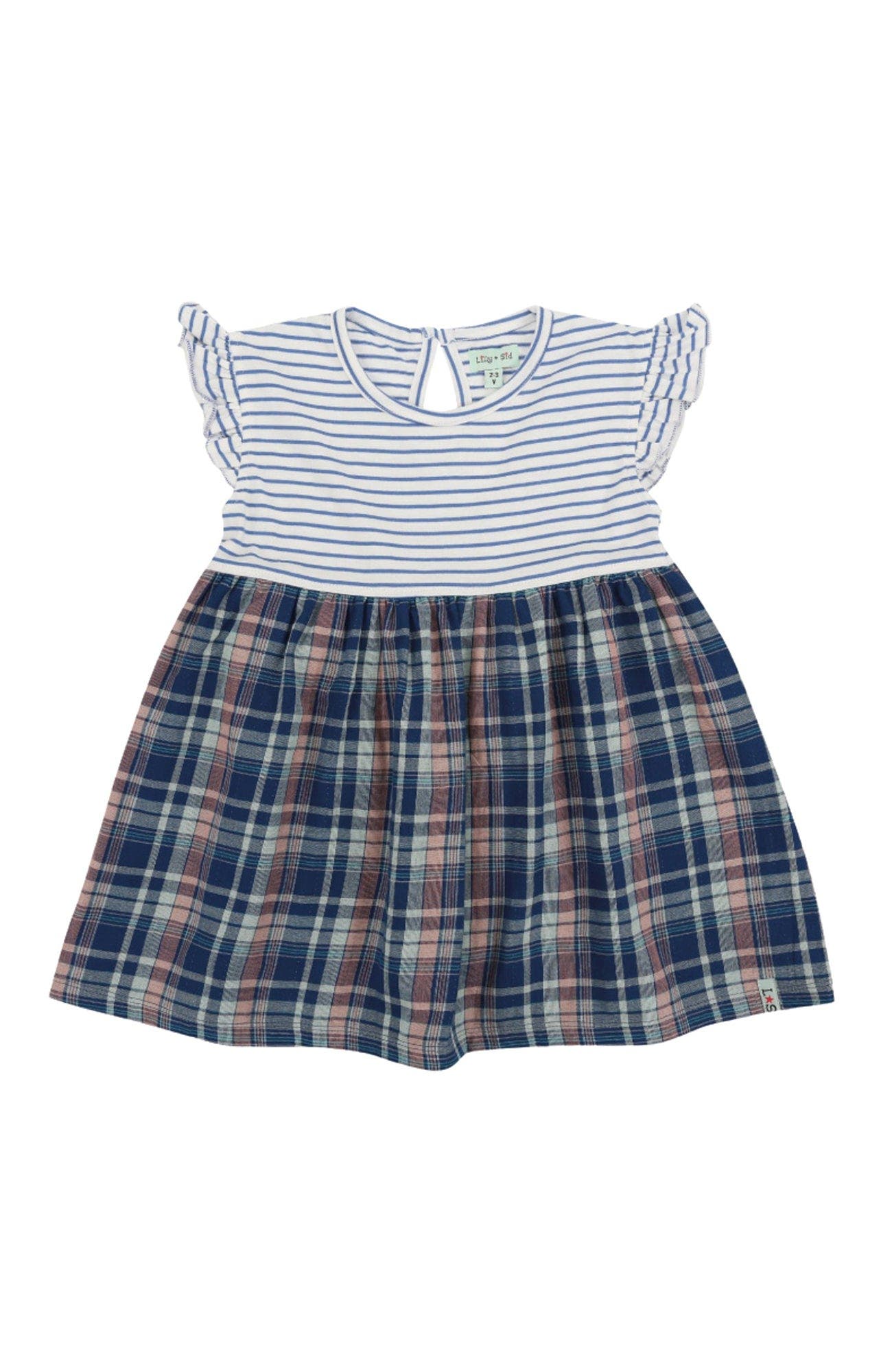 Lilly + Sid Organic Cotton Check And Stripe Dress in Navy 