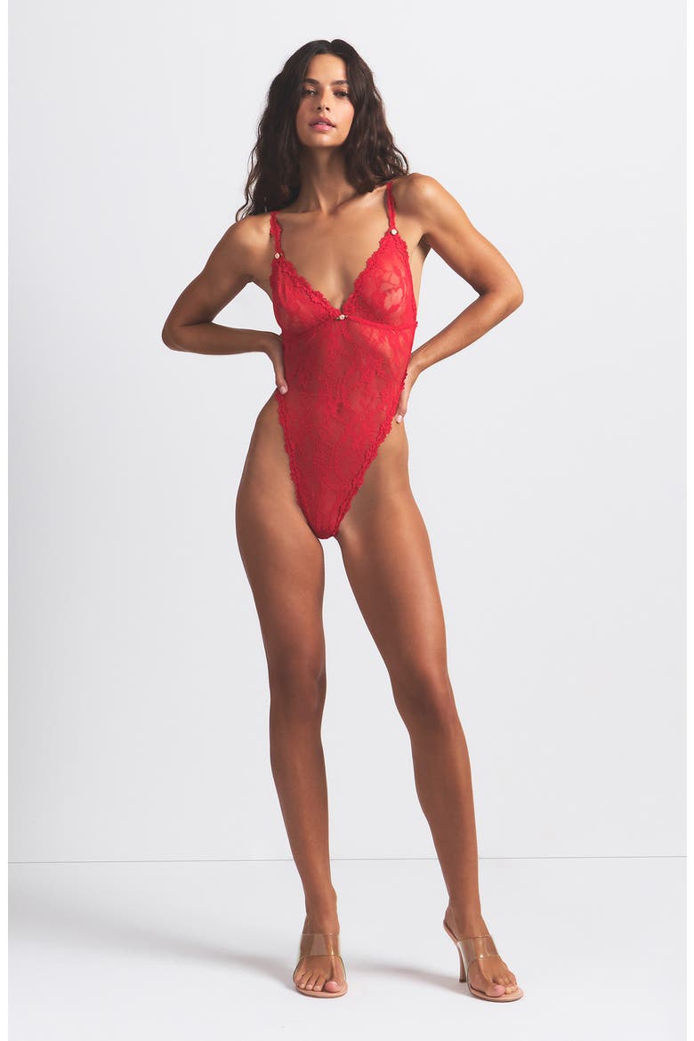 Stretch Lace Teddy, Alternate, color, RED
