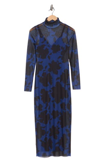 Afrm Los Angeles Marni Turtleneck Long Sleeve Mesh Dress In Blue