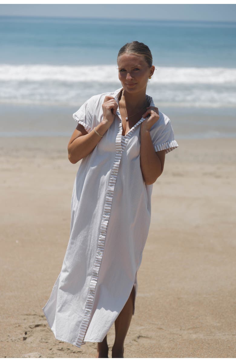 SITANO Riga Short Sleeve Striped Midi Dress, Alternate, color, Tan Stripes