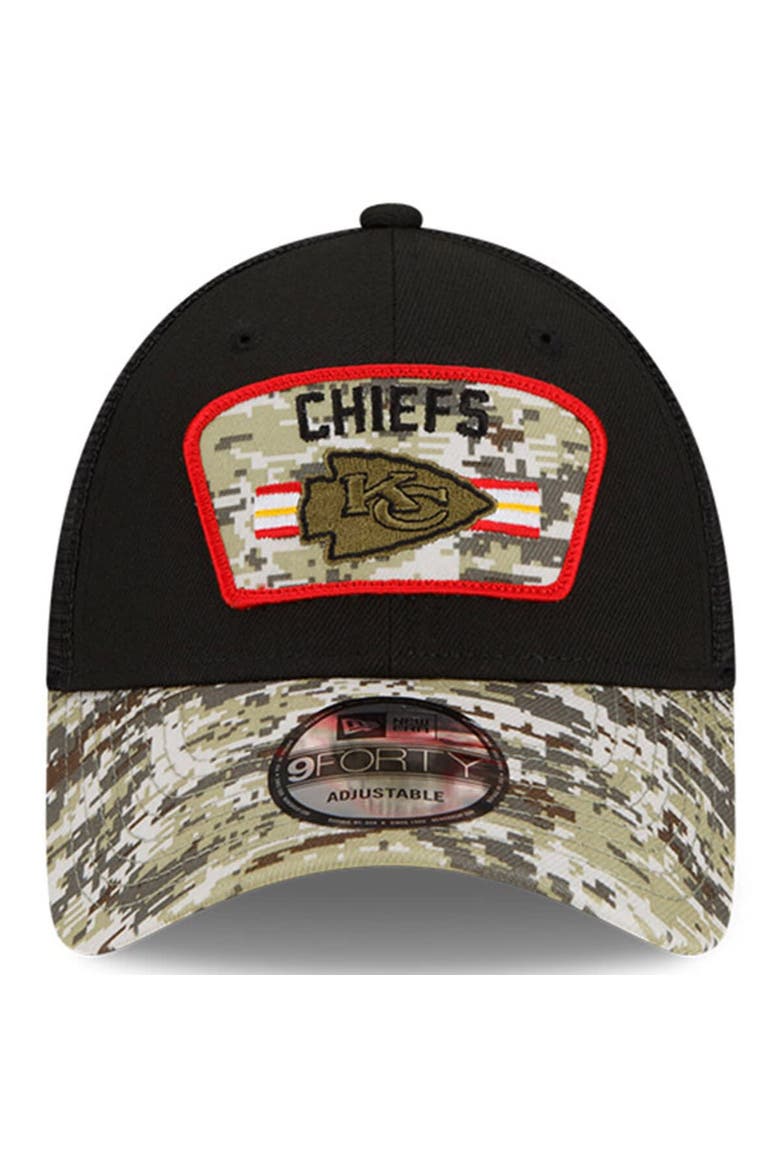 Men's New Era Black/Camo Kansas City Chiefs 2021 Salute To Service Trucker 9FORTY Snapback Adjustable Hat, Alternate, color, Black