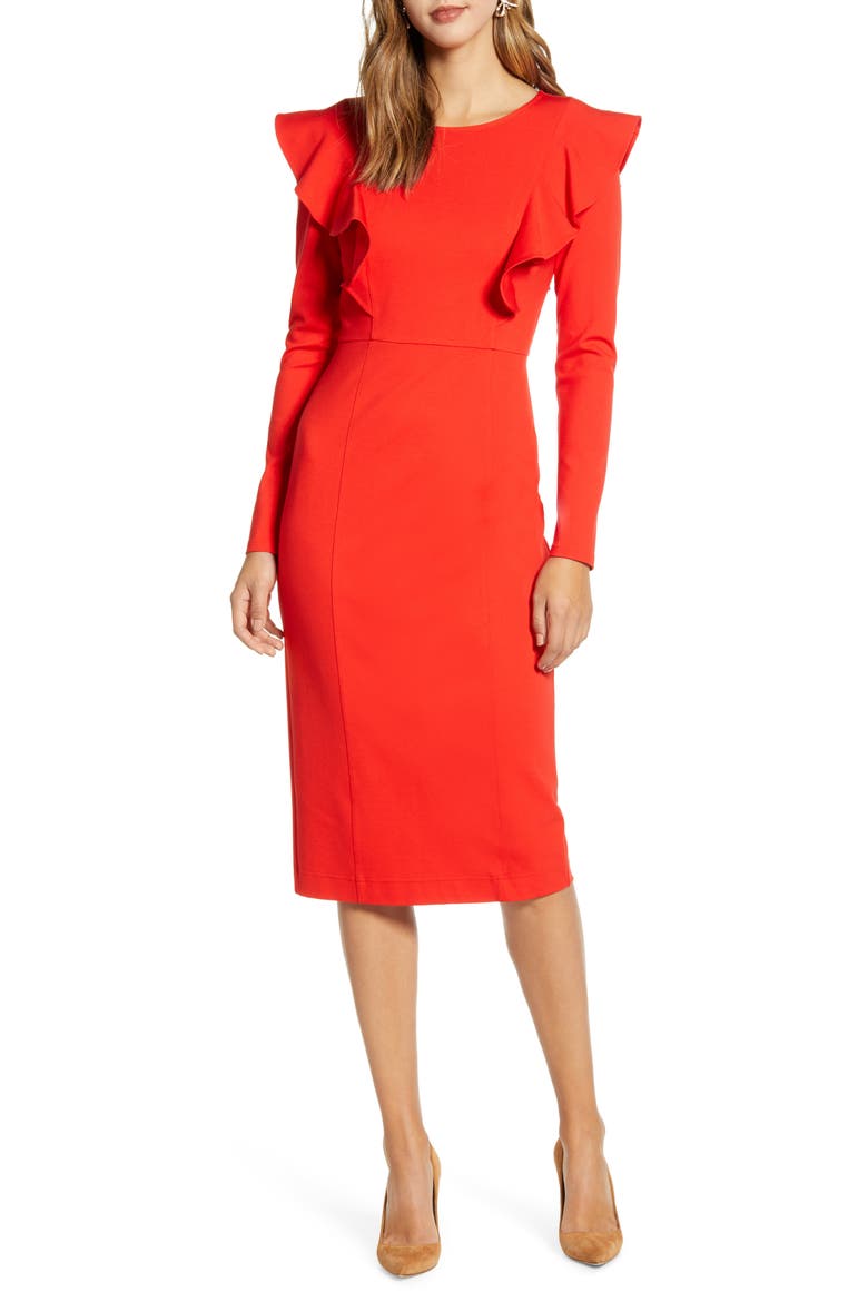 Ruffle Long Sleeve Ponte Dress, Main, color, RED SCARLET
