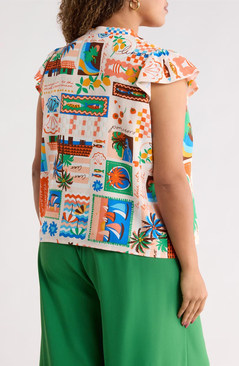 SUGARLIPS Palm Ruffle Split Neck Blouse, Alternate, color, Coral-Multi