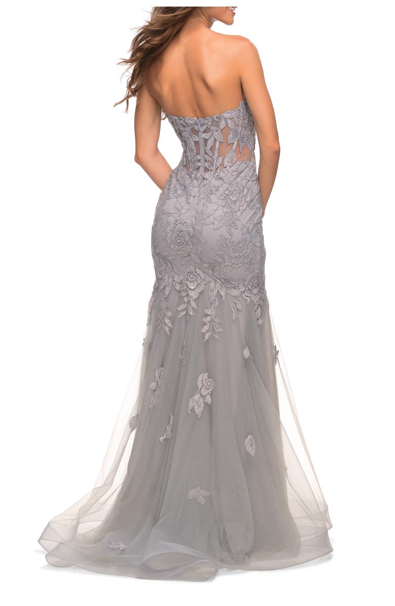 La Femme Mermaid Strapless Elegant Lace and Tulle Gown, Alternate, color, 