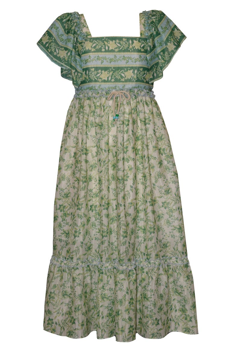 Kids' Border Print Puff Sleeve Maxi Party Dress, Main, color, GREEN