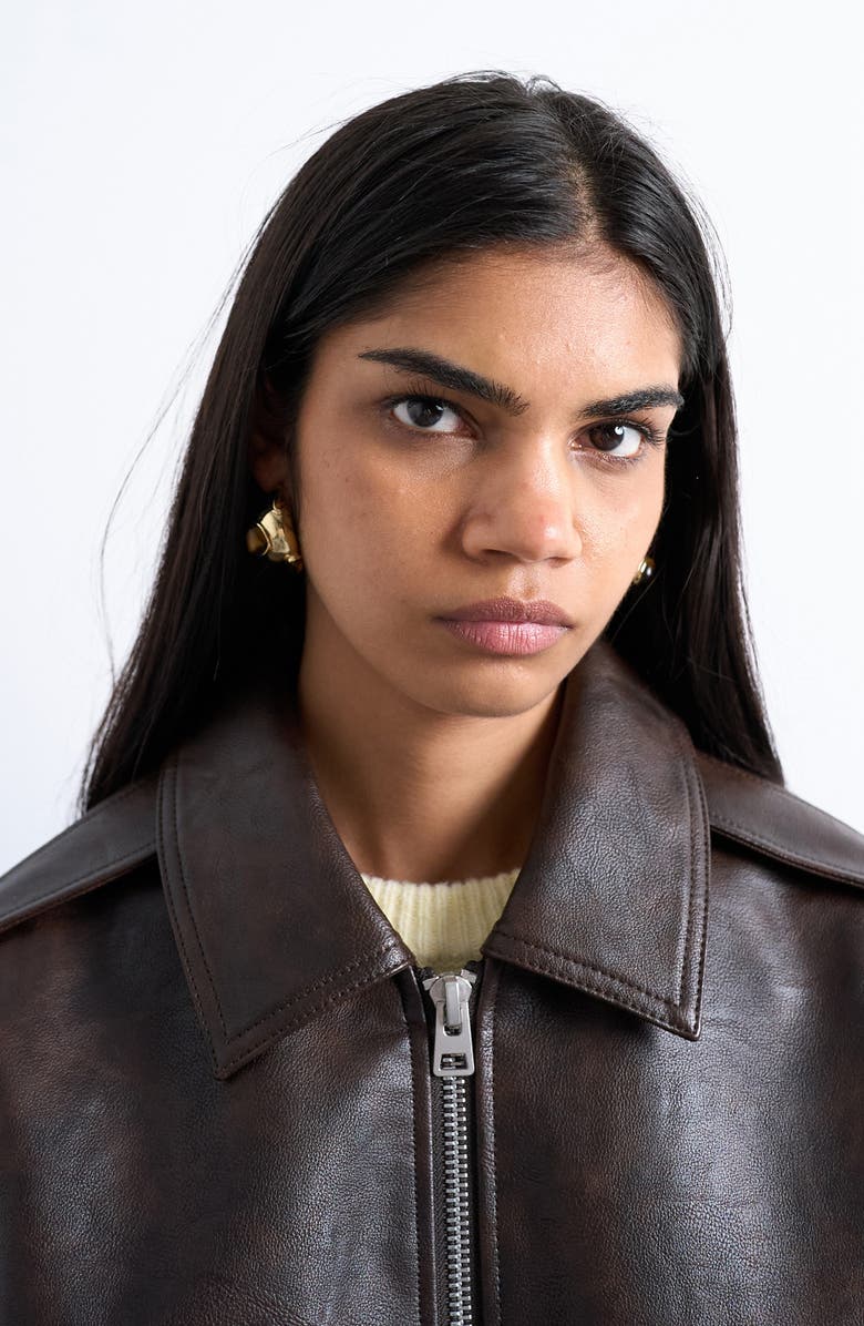 Topshop Oversize Faux Leather Bomber Jacket, Alternate, color, Brown