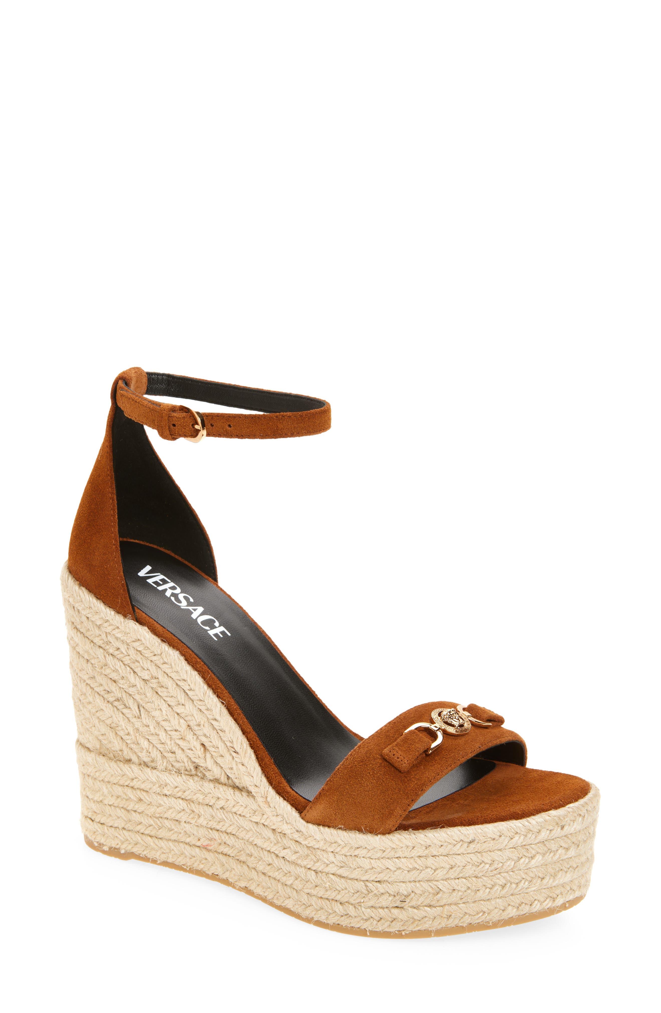 Versace Medusa '95 Suede Espadrille Wedge Sandal, Main, color, Spice Brown-Versace Gold