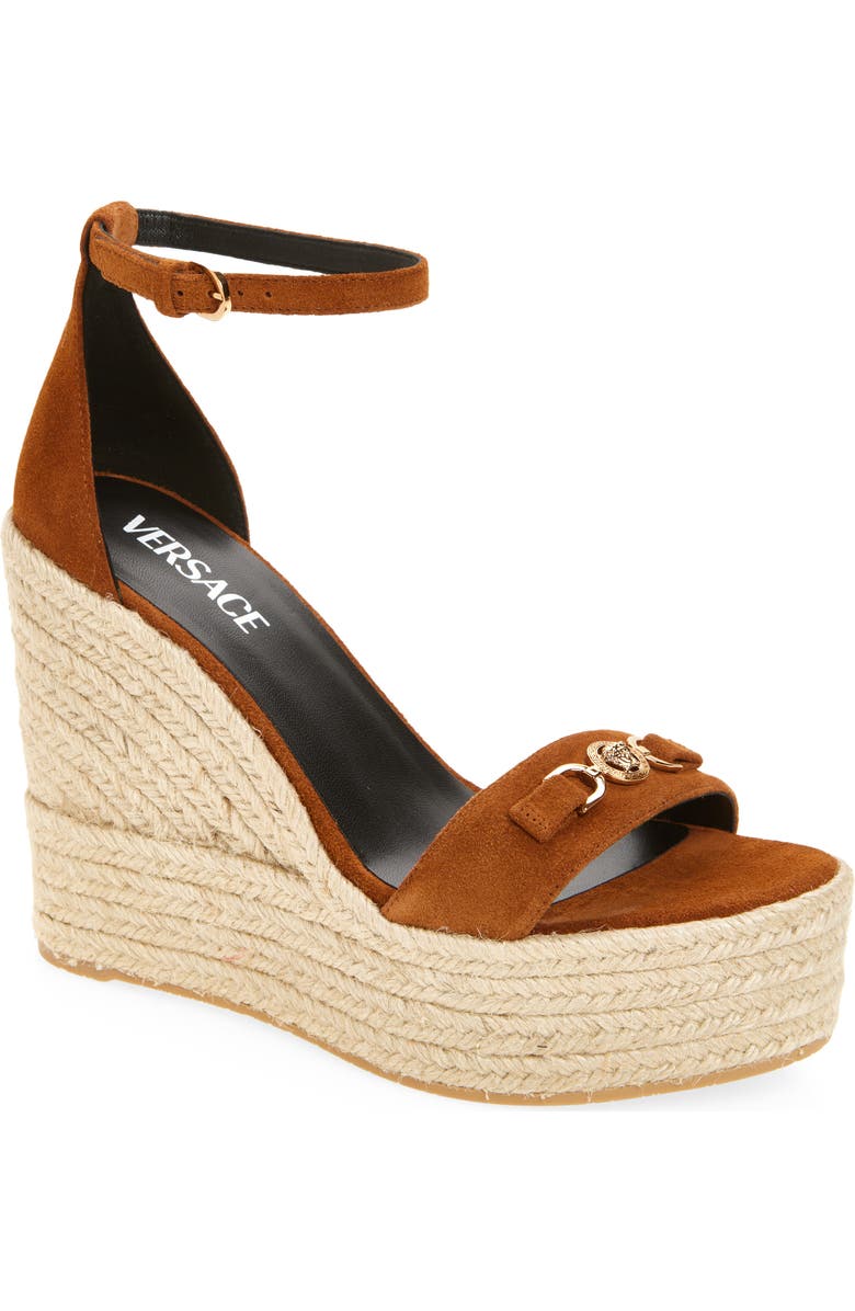 Versace Medusa '95 Suede Espadrille Wedge Sandal, Main, color, Spice Brown-Versace Gold