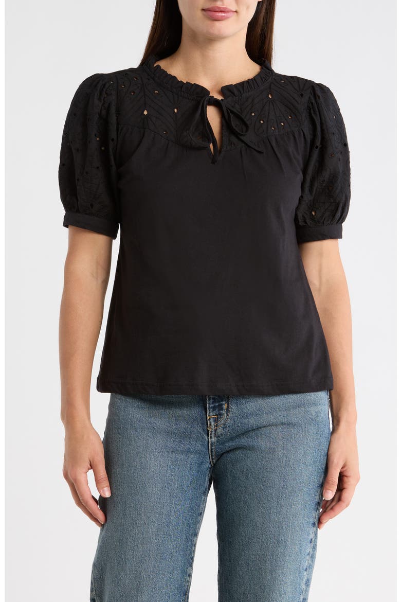Embroidered Short Sleeve Peasant Top, Main, color, BLACK